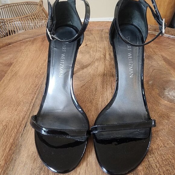 Stuart Weitzman $475 Nudistsong Strap Sandal 100mm Black Patent Leather Size 7 - Picture 2 of 11